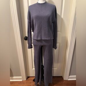 Ribbed Knit Two-Piece lounge Set in Blue